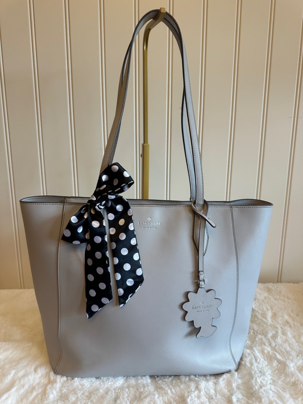 Kate Spade Gray Leather Tote with Polka Dot Scarf